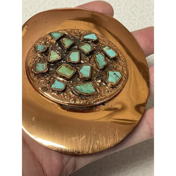 Vintage Belt Buckle Solid Copper Turquoise Inlay Nickel Silver Bell - Picture 8 of 16